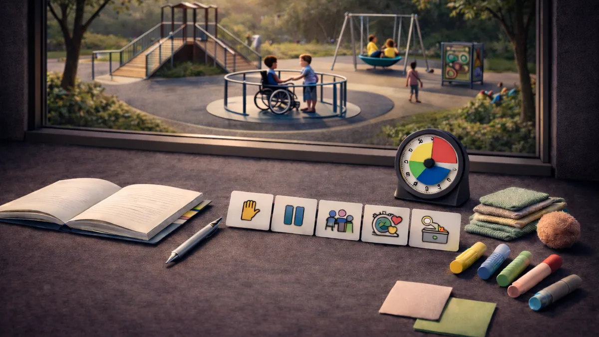 Symbolkarten und eine farbige Uhr auf einem Tisch, im Hintergrund ein Spielplatz.